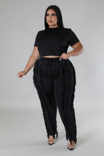 Black Crop Top Two-Piece Set with High-Waisted Pants