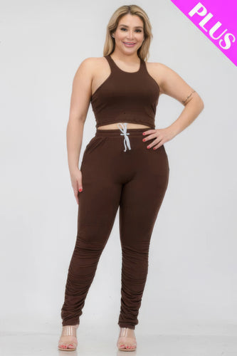 Plus Size Crop Tank Top and Ruched Pants Set in Coffee