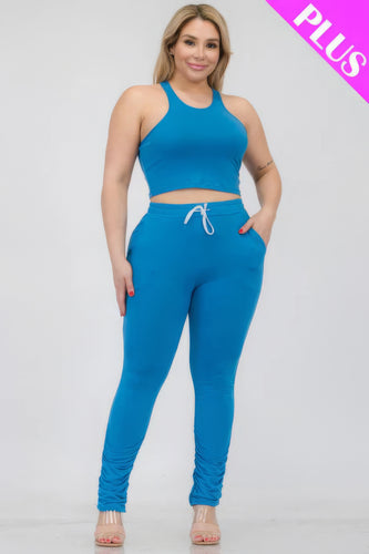 Plus Size Crop Tank Top and Ruched Pants Set in Ibiza Blue