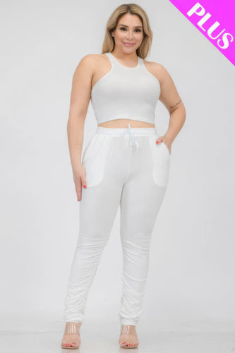 Plus Size White Crop Tank Top and Ruched Pants Set