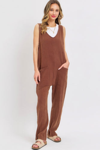 Mineral Washed Brown Cotton Gauze Summer Jumpsuit with Adjustable Straps