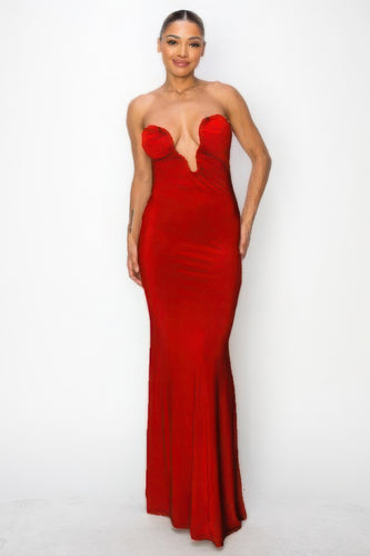 Women's Red Glitter Ity Tube Maxi Dress with Gold Trim