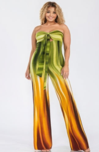 Plus Size Olive Off Shoulder Tie-Front Wide Leg Printed Jumpsuit