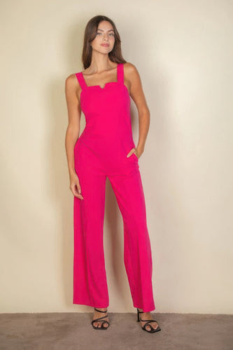 Fuchsia Notched Neck Women's Cami Jumpsuit in Stretch Crepe