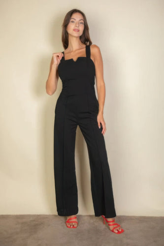 Black Notched Neck Cami Jumpsuit in Stretch Crepe Fabric