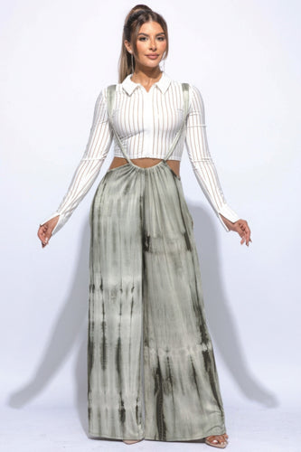 Drawstring Baggy Jumpsuit with Tie-Dye Print in Olive, Adjustable Fit