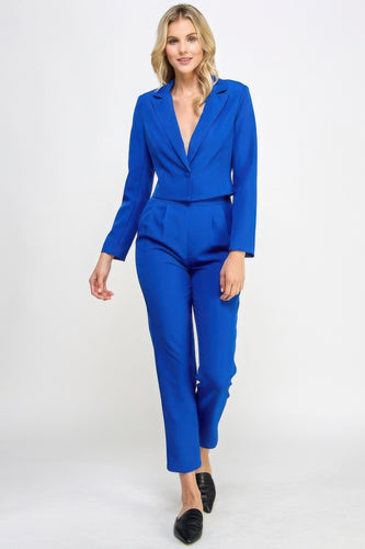 Women's Single Button Crop Blazer and Tailored Pants Set