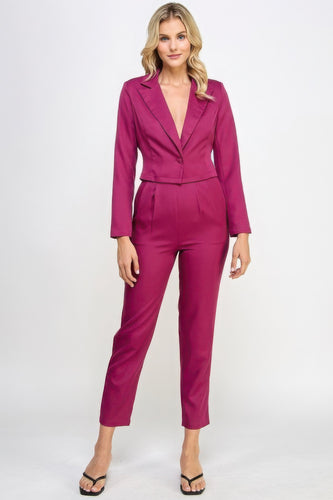 Crop Blazer and Tailored Pants Set with Single Button Closure