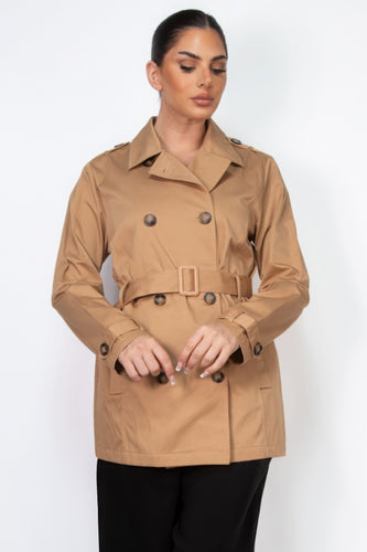 Double-Breasted Notch Lapel Belted Thigh-Length Coat