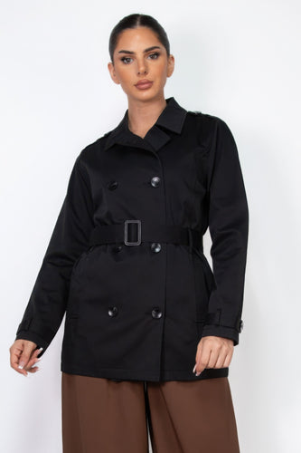 Double-Breasted Notch Lapel Belted Thigh-Length Coat
