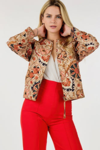 Multi-Print Zip Up Jacket with Puff Shoulder Design