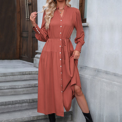 New long-sleeved solid color versatile strappy henley collar shirt dress
