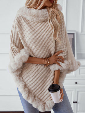 Fuzzy Trim Texture Three-Quarter Sleeve Poncho