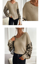 Ladies Crew Neck Leopard Print Contrasting Pullover Sweater