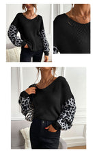 Ladies Crew Neck Leopard Print Contrasting Pullover Sweater