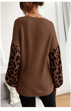 Ladies Crew Neck Leopard Print Contrasting Pullover Sweater