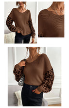 Ladies Crew Neck Leopard Print Contrasting Pullover Sweater