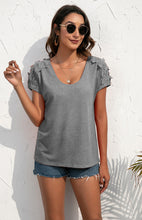 Women's Casual Lace Stitched V-Neck Pullover Short Sleeve Tops