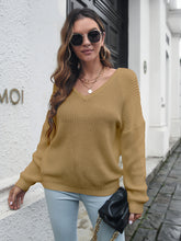 Women's V-neck loose shoulder long sleeve sweater