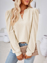 V Neck Jacquard Long Sleeve Loose T-Shirt Top Ladies