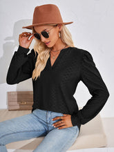 V Neck Jacquard Long Sleeve Loose T-Shirt Top Ladies