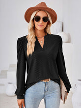 V Neck Jacquard Long Sleeve Loose T-Shirt Top Ladies