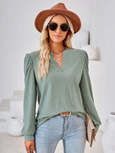 V Neck Jacquard Long Sleeve Loose T-Shirt Top Ladies