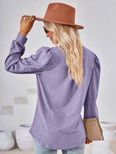 V Neck Jacquard Long Sleeve Loose T-Shirt Top Ladies