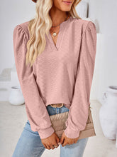 V Neck Jacquard Long Sleeve Loose T-Shirt Top Ladies