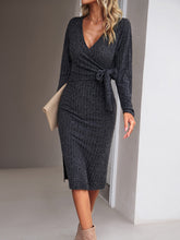 Women's Fashion Casual V-Neck Long-Sleeve Knitted Tie Dress