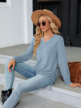 V-neck smocked solid color long-sleeved loose T-shirt top