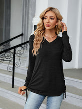 V-neck smocked solid color long-sleeved loose T-shirt top