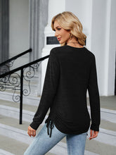 V-neck smocked solid color long-sleeved loose T-shirt top