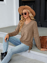 V-neck smocked solid color long-sleeved loose T-shirt top