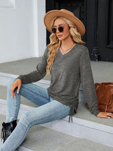 V-neck smocked solid color long-sleeved loose T-shirt top