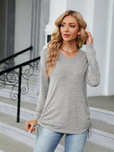 V-neck smocked solid color long-sleeved loose T-shirt top