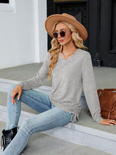 V-neck smocked solid color long-sleeved loose T-shirt top