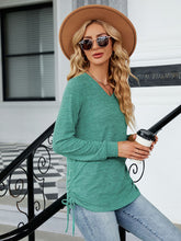 V-neck smocked solid color long-sleeved loose T-shirt top