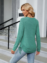 V-neck smocked solid color long-sleeved loose T-shirt top