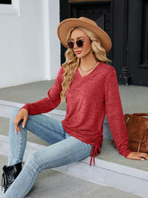 V-neck smocked solid color long-sleeved loose T-shirt top