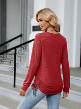 V-neck smocked solid color long-sleeved loose T-shirt top