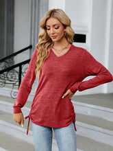 V-neck smocked solid color long-sleeved loose T-shirt top