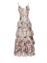 New elegant single-breasted suspender fashion printed ruffled dress with full skirt