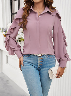 New casual solid color ruffle sleeve shirt