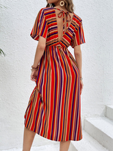 Women's New Colorful Striped Casual V-Neck Button High Waist Dress