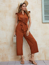 Women's solid color V-neck one-breasted button-up earring sleeve mid-waist strappy jumpsuit