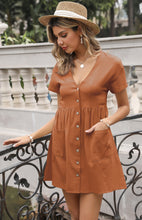 Women's Loose Shirt Dress V-Neck Short Sleeve Pleated Cotton Linen Dress