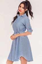 Full Size Striped Quarter-Button Roll-Tab Sleeve Shirt Dress