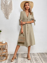 Tie Cuff Deep V Button Down Dress