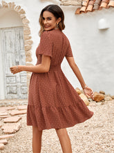 Swiss Dot V-Neck Openwork Puff Sleeve Dress